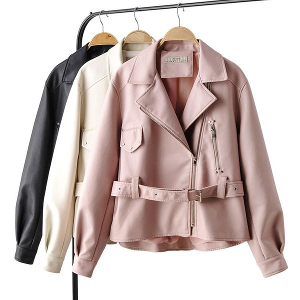 

ly varey lin faux soft leather loose short jackets women vintage black pu motorcycle rivet zipper punk overcoat with belt 201119