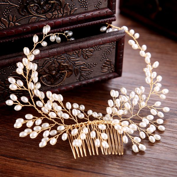 

trendy gold pearl bridal hair comb bridal headpiece wedding hair accessories for bride hair ornaments women jewelrydio chan contact, White;golden