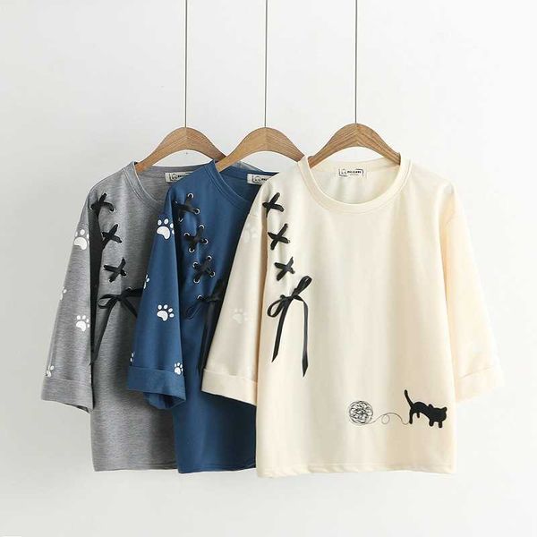 

women's tanks & camis kawaii 3/4 sleeve cat caddice ball embroidery blouse women sweet harajuku casual tee shirts ws5n, White