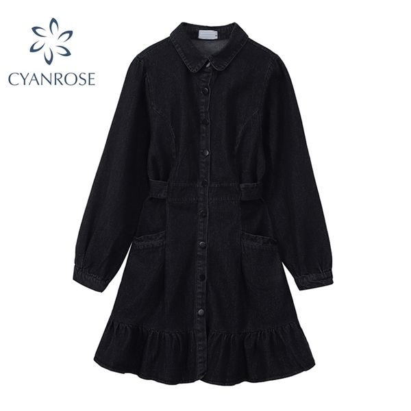 

black denim shirt dress women high waist slim long sleeve korean vintage elegant short vestidos lapel cardigan hem trumpet 210430, Black;gray
