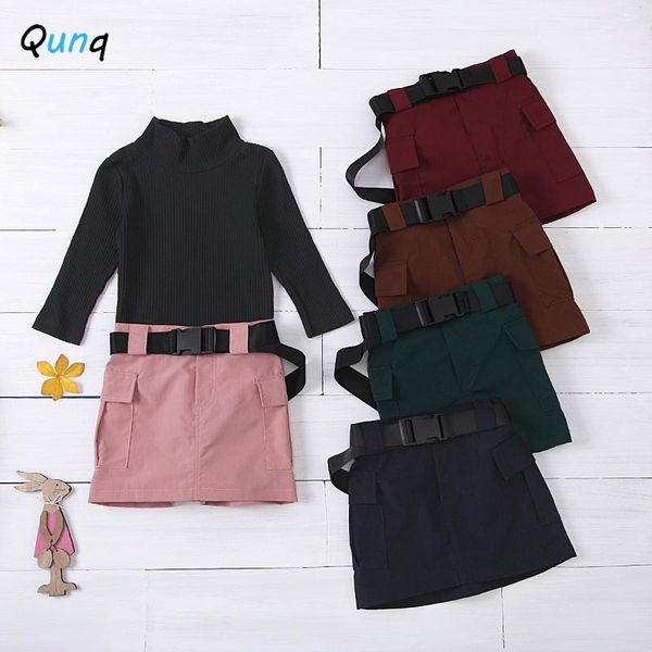 

clothing sets qunq girls clothes 1 2 3 4 5 6 year children set black turtleneck long sleeve knitted shirt skirt kids suits with belt, White