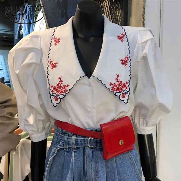 

summer puff sleeve vintage blouse floral embroidery shirt women peter pan collar button up loose clothing blusas 14172 210506, White