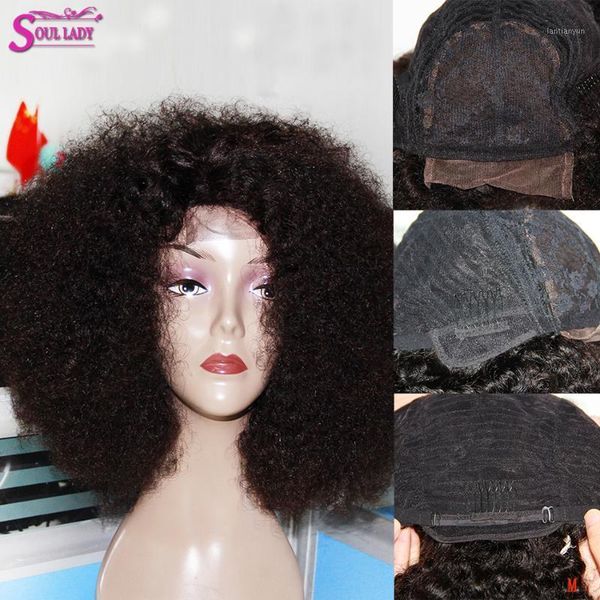 

soul lady 4x4 closure wig mongolian afro kinky curly remy human wigs for black women fast short hair 1501, Black;brown