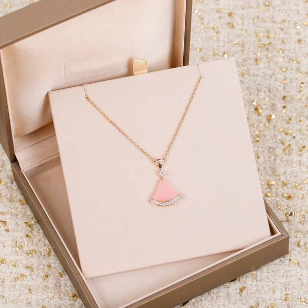 S925 Colar de pingente de forma de fã de prata com jade rosa em 18k rosa banhado a ouro para mulheres presente de jóias de casamento têm selo ps3194a