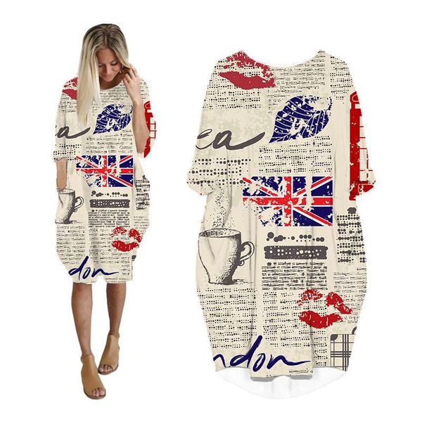 

casual dresses cloocl retro spaper printed dress fashion funny 3d with pockets harajuku women party clothing long-sleeve, Black;gray