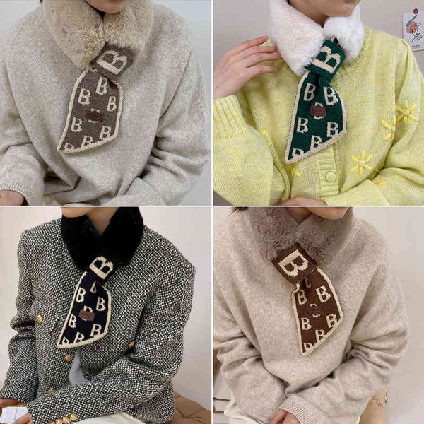 

the new design 2021 south korea autumn and new wool female winter lazy rabbit hair decorative warm letter bib student scarf, Blue;gray