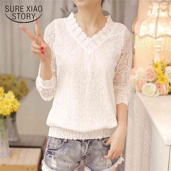 

new arrived autumn women blouse long sleeve v collar lace shirt woman sweet temperament trim slim fit bottom shirt 1066 40 210401, White