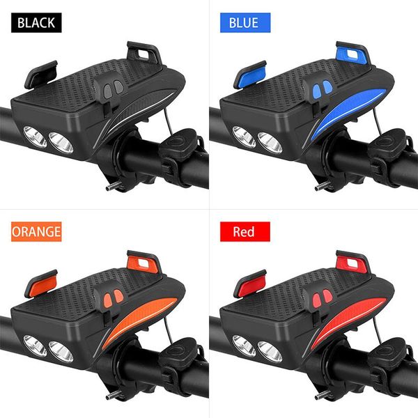 

multi-function bicycle light usb rechargeable led bike head lamp horn phone holder powerbank 4 in 1 mtb cycling front cell mounts & holders