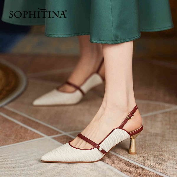 SOPHITINA Scarpe da donna in morbida pelle Decorazione di perle Cinturino posteriore Scarpe che coprono le dita TPR Sandali femminili fatti a mano con tacco alto AO789 210513