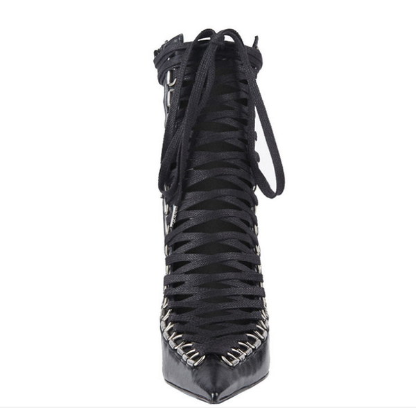 

mid calf boots women cross tie pointed toe hollow show 2021 red big size decor high heel woman fashion casual, Black
