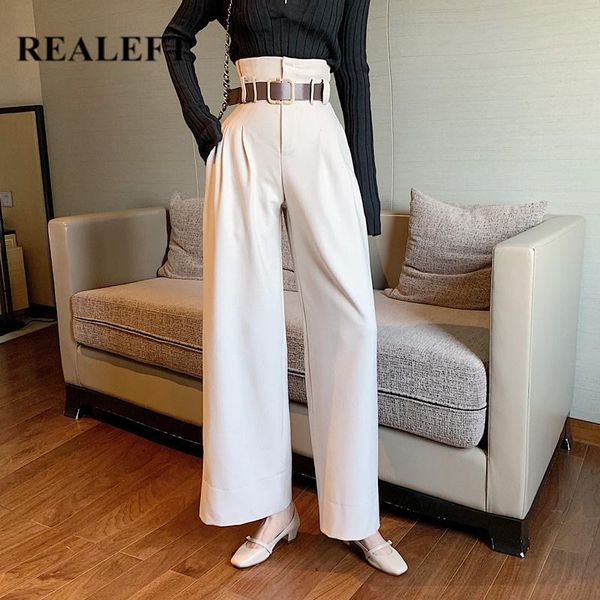 

women's pants & capris realeft autumn winter white wide leg high waist pocket casual loose trouser arrival (no belt), Black;white