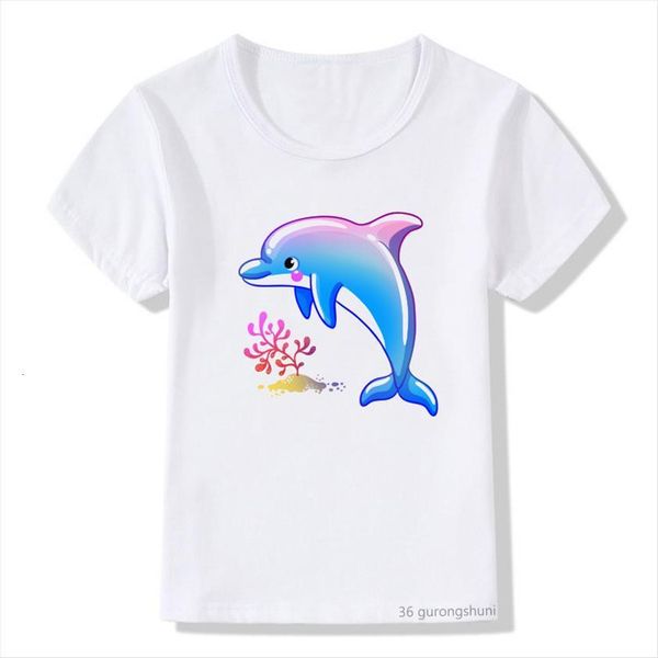 

children clothes boys girls t shirt dolphin cartoon print pattern summer fashion casual short sleeve kids top, Blue