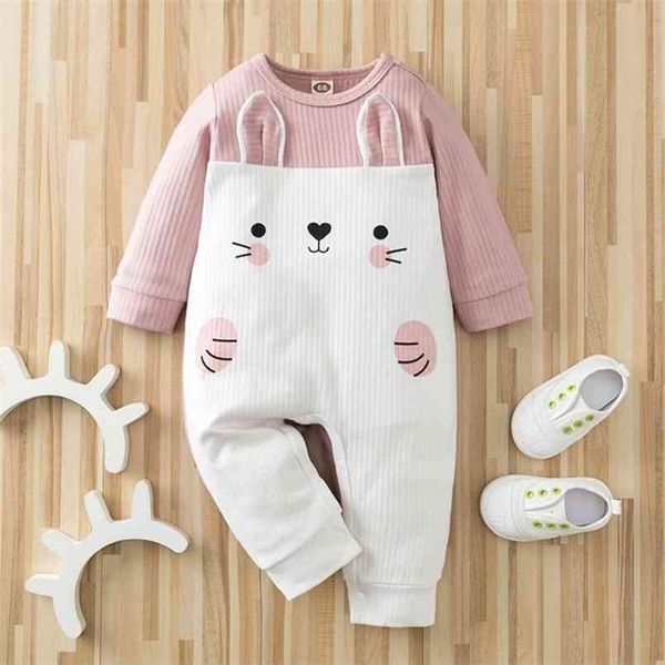 Chegada bebê menina roupa adorável coelho splice jumpsuits rosa e bonito 210528