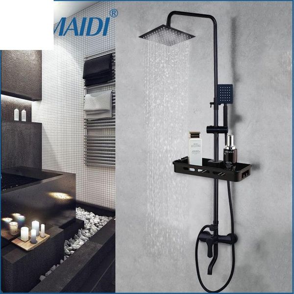 

matte black rainfall shower faucet set single lever bathtub mixer & storage shelf water tap bathroom sets