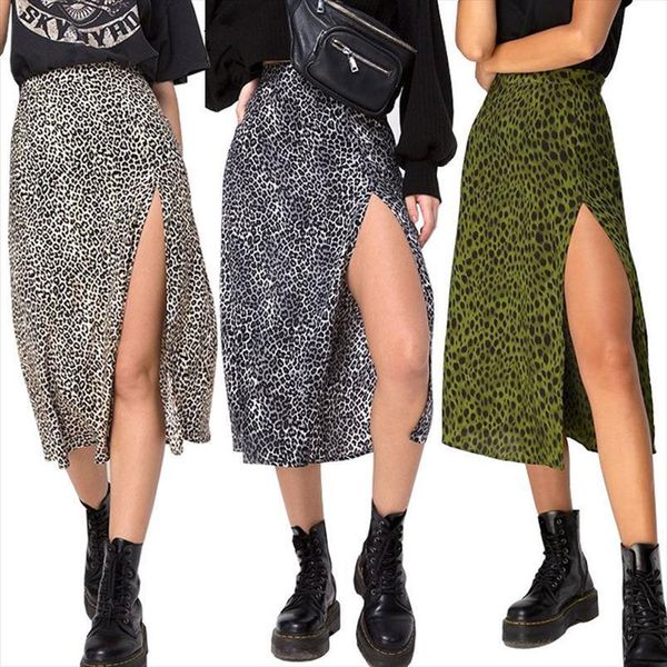 

leipard spring bohemia mid calf womens skirt streetwear casual high waist split, Black