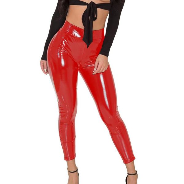 

high waist sport leggings womens leather wet look stretch trousers pants stage squat proof women's, Black