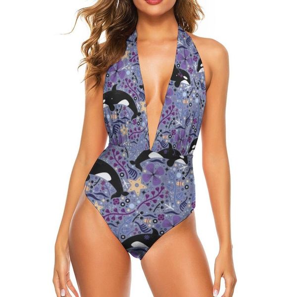 

one-piece suits fish swimsuit deep v female swimwear aesthetic festival 1-piece bathing suit