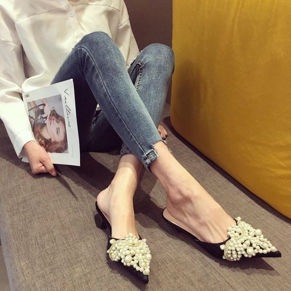 

k1p 2020 springlace beaded rhinestone pointed mid heel women's half pearl beads slippers pearl slippers muller shoes, Black