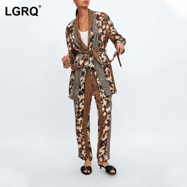 

women's two piece pants [lgrq] wide leg coffee print sashes suit long sleeve fit women fashion tide spring autumn 2021 19d2295, White