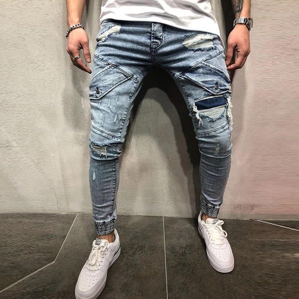 

men's jeans foreign trade slim jeans, black hole blue leggings