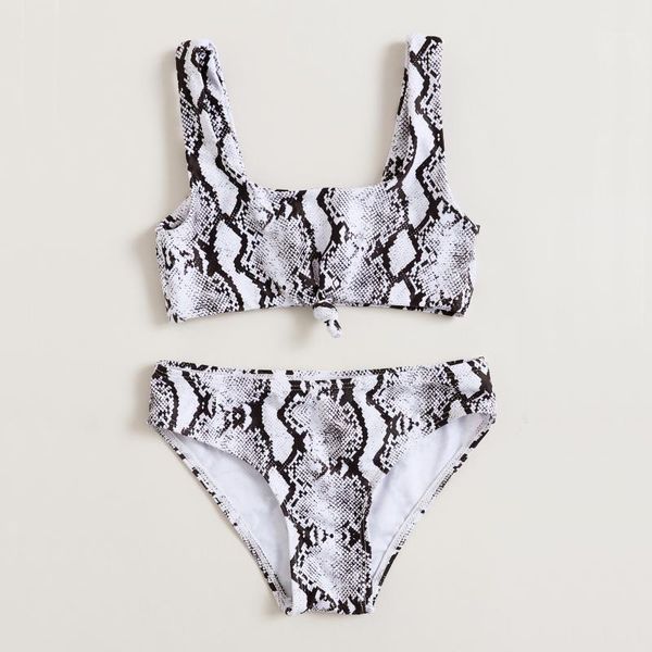 

2pcs 6-13 y little girls swimwear suit summer children snakeskin grain tank + short panties split swimsuit set for vacation one-pieces, Black