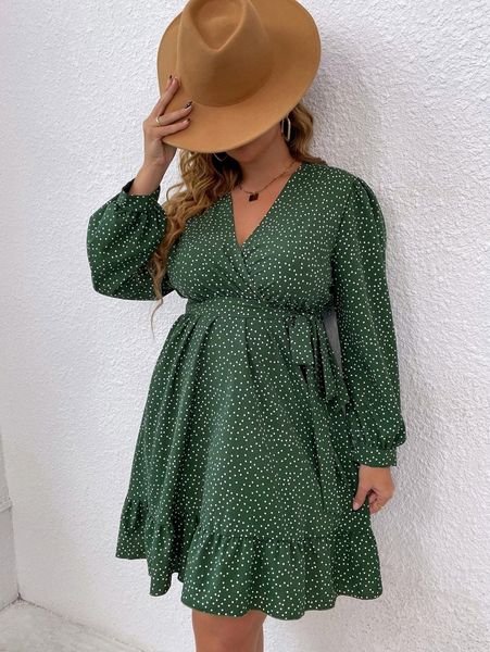

plus polka dot bishop sleeve overlap collar ruffle hem belted dress j8jx#, Black