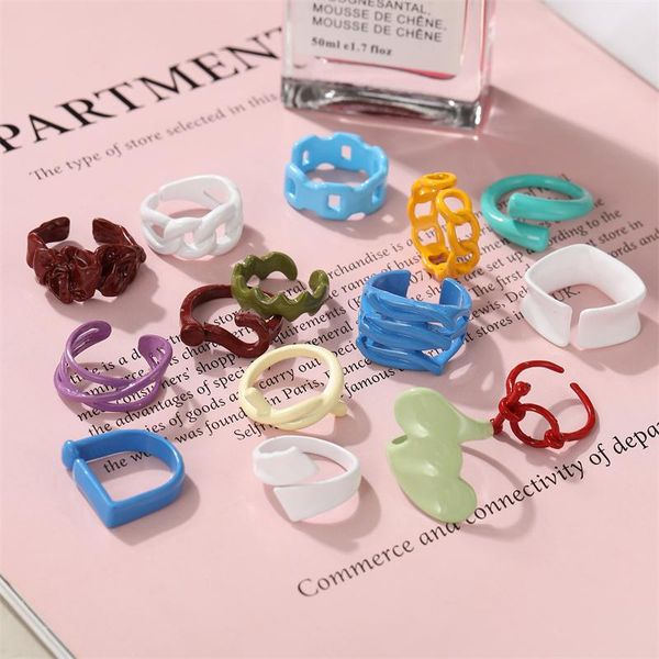

cluster rings trendy chunky candy solid colorful geometric irregular metal enamel adjustable for women girl knuckle finger ring jewelry, Golden;silver