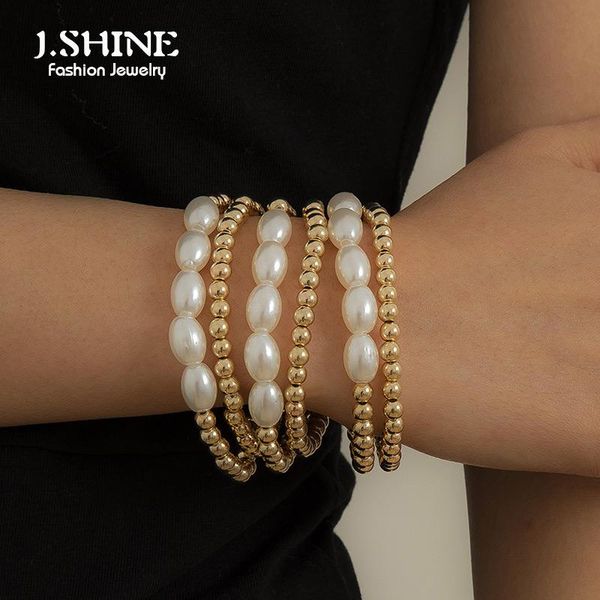 

charm bracelets jshine 6pcs/set bohemian imitation pearl beaded bangles bracelet stackable handmade layered bead chain women fashion, Golden;silver