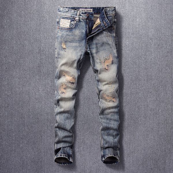 

jeans italian style fashion men jeans slim retro ripped denim cotton pants patchwork embroidery designer vintage trousers, Blue