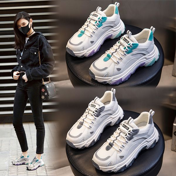

film bottom sports shoes women's autumn 2021 thick casual running increased breathable leather daddy, Black;white