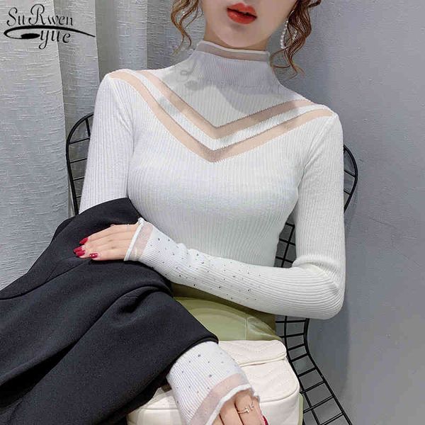 

autumn fashion women long sleeve slim knitted sweater women's hollow turtleneck pullover lace winter clothes 11558 210427, White;black
