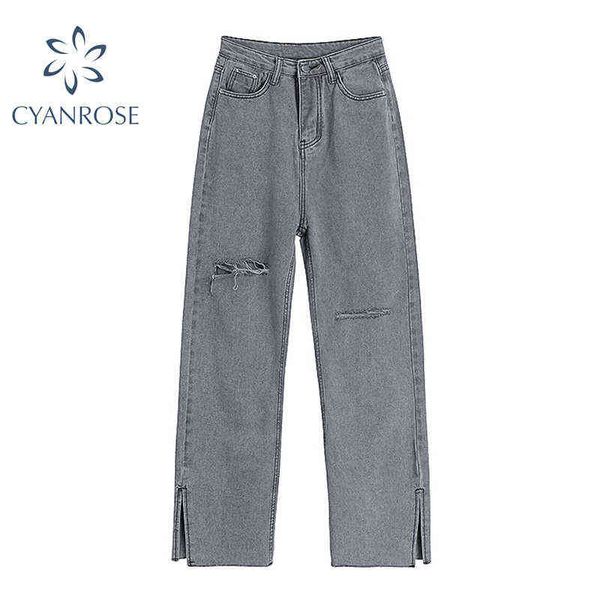 Jeans strappati grigi a vita alta Donna Streetwear Pantaloni larghi Harajuku a gamba larga Pantaloni lunghi dritti vintage 211129