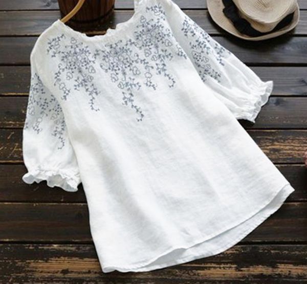 

women's blouses & shirts neck cotton tunic summer blouse 2021 causal half sleeve tee female embroidery plus size 5xl, White
