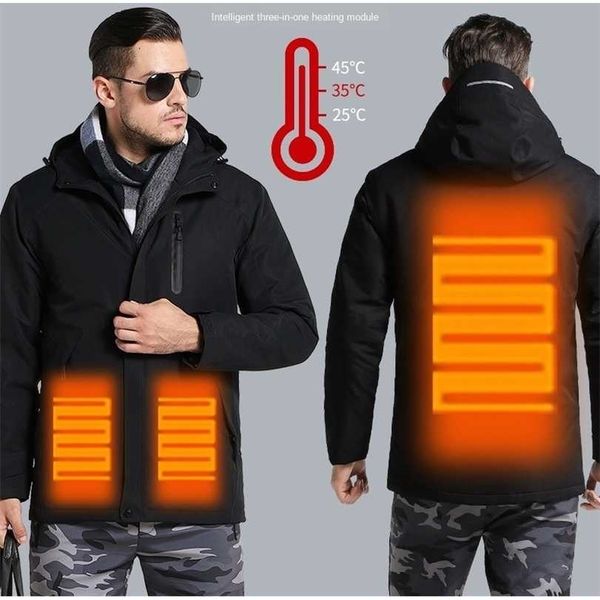 Elektrikli Isıtmalı Parka Erkekler Windbreak Artı Kadife Kalın Sıcak Rüzgar Geçirmez Kürk Palto USB Erkek Askeri Kapüşonlu Anorak Ceketler 211214