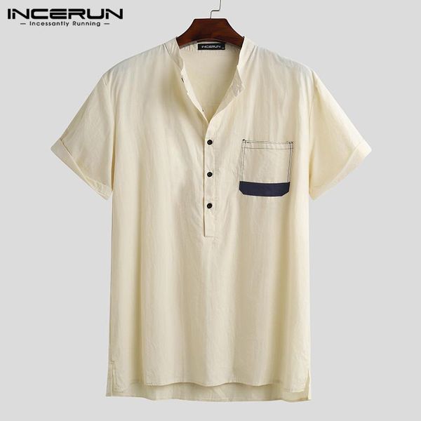 

men's casual shirts incerun short sleeve cotton shirt men patchwork stand collar brand 2021 streetwear button harajuku camisa masculin, White;black