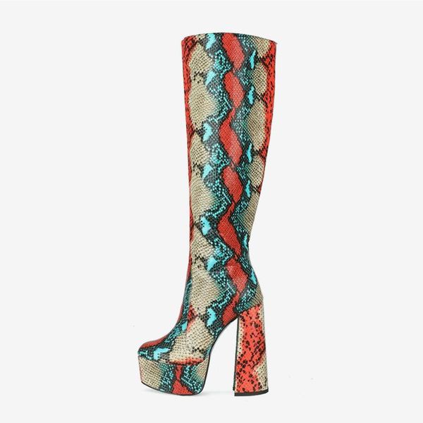

boots deat 2021 autumn winter fashion print snake round head thick high heel waterproof side zipper large size women sg443, Black