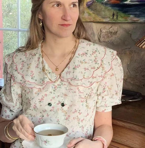 

women's blouses & shirts 2021 summer vintage printed female cardigan women hollow-out lapel puff sleeve shirt fashion sweet buttoned, White