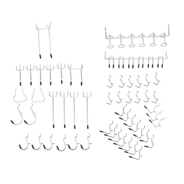 

hooks & rails 52pcs metal peg board pegboard garage work shop storage display organization steel hanging tool (random color)