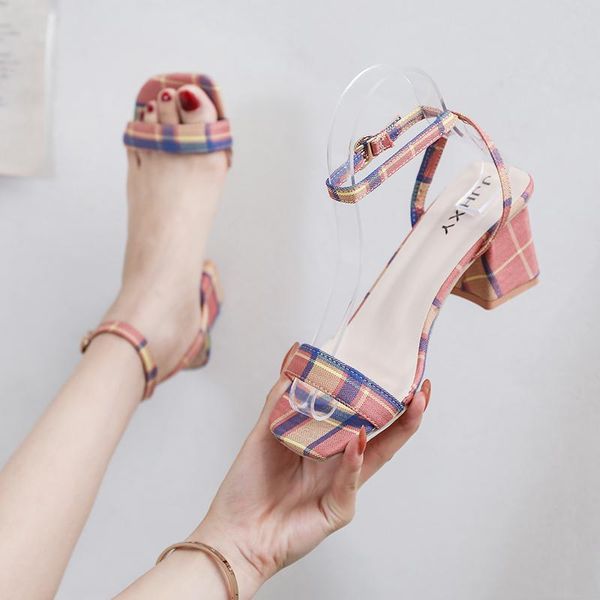 

sandals 2021 summer plaid square open toe casual shoes woman gladiator ankle strap chunky high heels, Black