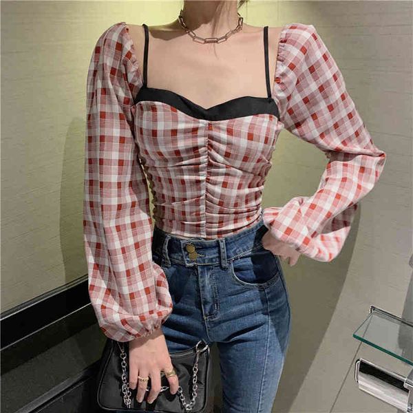 

spring autumn women's retro square collar color matching plaid short long sleeve shirt slim waist 210514, White