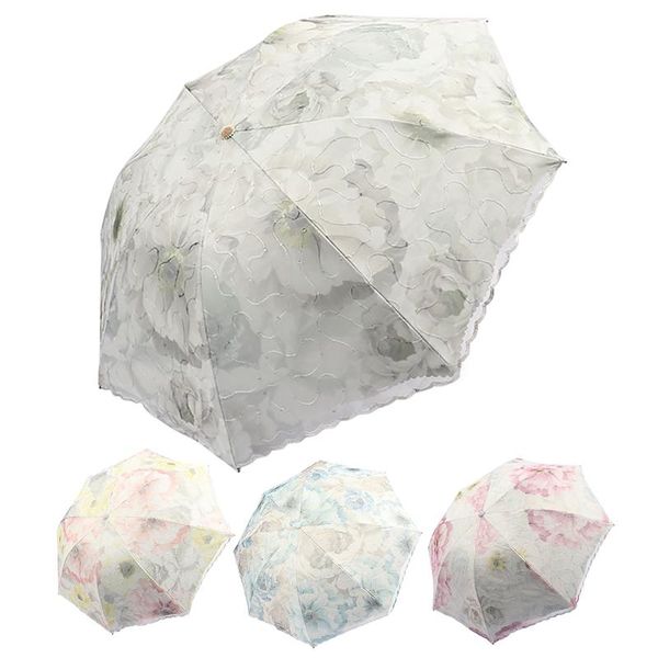 

umbrellas parasol lace umbrella embroidery flower pattern 3-folding rain uv windproof for women
