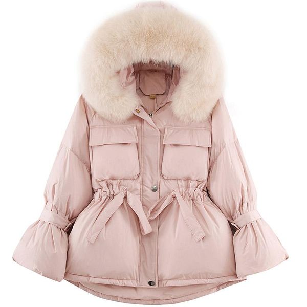 

winter women short fur collar down jacket flare sleeve slim hooded padded warm outerwear female streetwear overcoat women's & parkas, Black