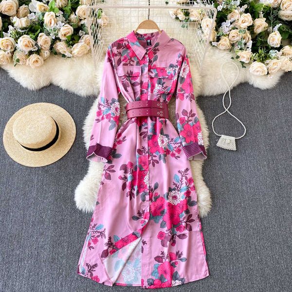 

fabpop spring arrivals print lapel puff sleeve lace up collect waist slim vintage dress with belt ga006 210709, Black;gray