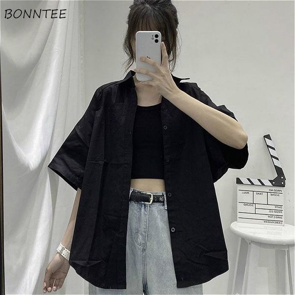 

blouses women retro ulzzang black simple all-match couple chic single breasted stylish short sleeve girls streetwear women's & s, White