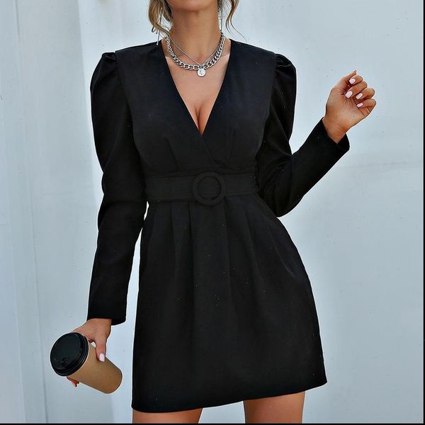 

long sleeve womens dresses spring autumn women solid color v neck dress with belt black mini club, Black;gray