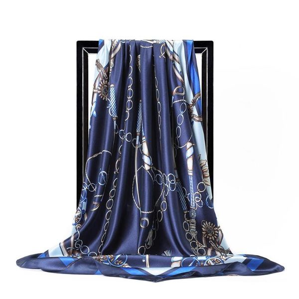 

scarves fashion silk for women chain print square shawl foulard 90x90cm female bandana head ladies large hijab satin scarfs, Blue;gray