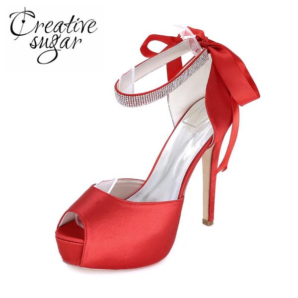

creativesugar platform woman high heels d'orsay peep open toe rhinestone ankle strap ribbon tie wedding evening dress pumps shoes, Black