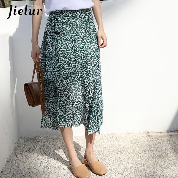 

skirts summer green floral women's skirt chiffon high waist ruffles fairy retro casual beach female faldas 2021, Black