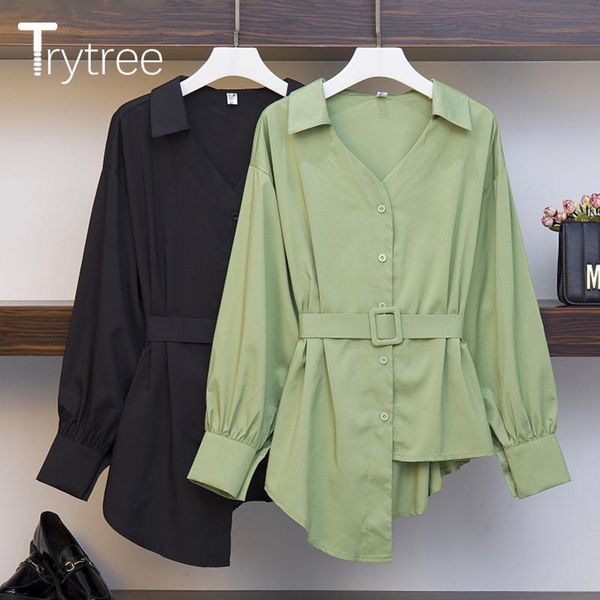 

women's blouses & shirts trytree 2021 autumn women casual blouse turn-down collar single breasted belt solid fashion asymmetrical hem o, White