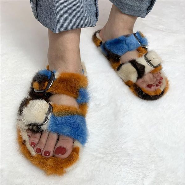 

slippers 2021 ladies 100% mink casual flat shoes family girls outdoor slides open toe, Black